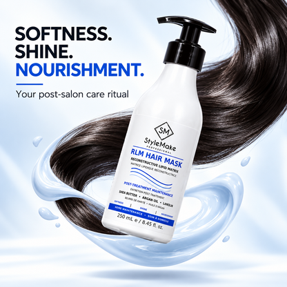 A bottle of StyleMake RLM Hair Mask post-treatment maintenance liquid, shown floating over a splash of glossy black hair against a light blue background with promotional text. StyleMake RLM Hair Mask 250 mL creative product image with flowing dark hair, highlighting softness, shine and post-salon nourishment