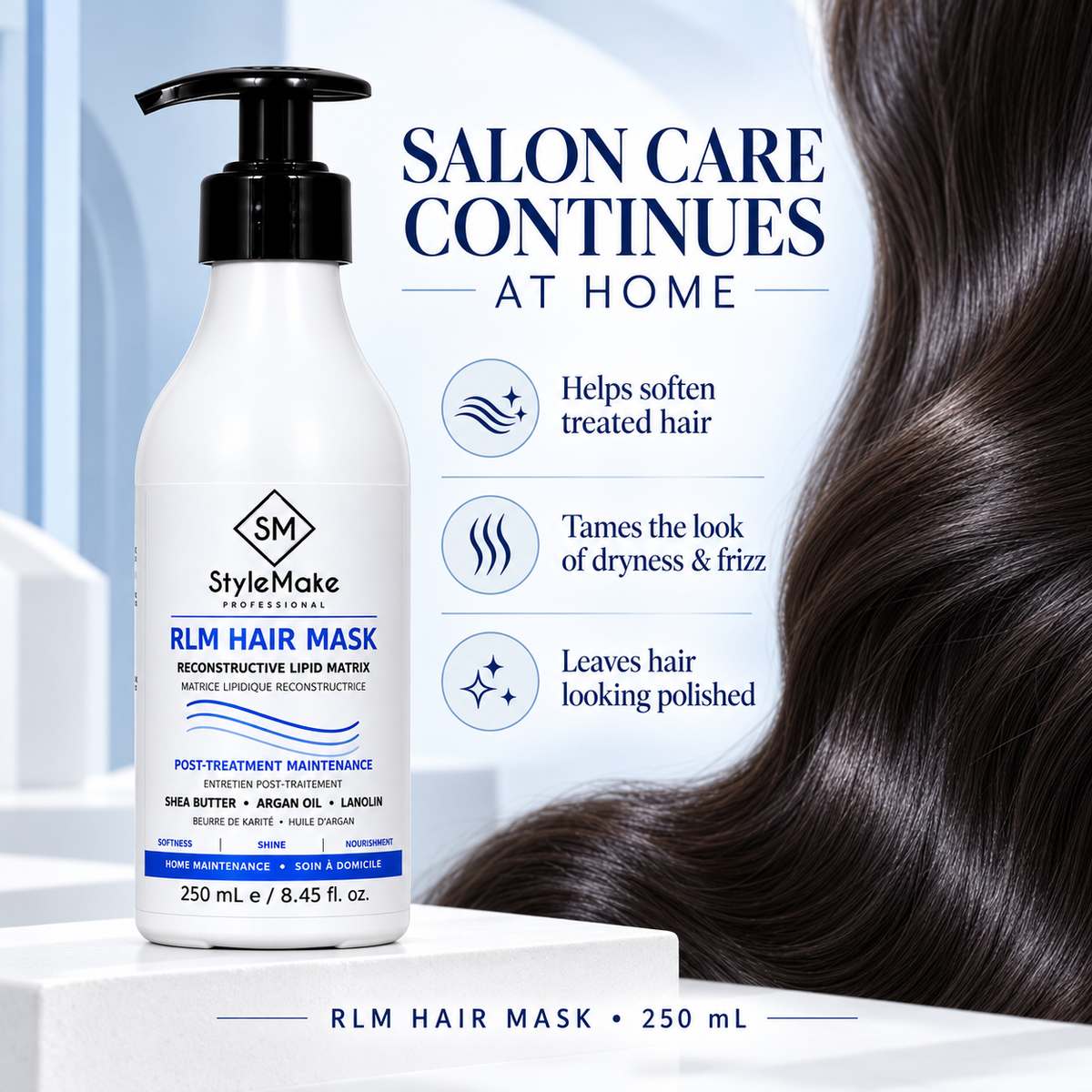 A bottle of StyleMake Professional RLM Hair Mask stands on a white pedestal against a light blue background, with a close-up of long, dark, glossy hair on the right side and marketing text about salon care continuing at home. StyleMake RLM Hair Mask 250 mL with glossy dark hair, showing at-home care for softness and a polished look after salon hair treatments