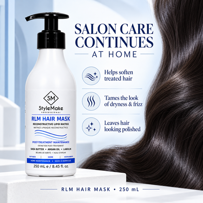 A bottle of StyleMake Professional RLM Hair Mask stands on a white pedestal against a light blue background, with a close-up of long, dark, glossy hair on the right side and marketing text about salon care continuing at home. StyleMake RLM Hair Mask 250 mL with glossy dark hair, showing at-home care for softness and a polished look after salon hair treatments