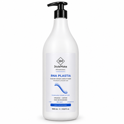 StyleMake RNA PLASTIA 1 L professional nanoplastia hair smoothing treatment pump bottle on a white background