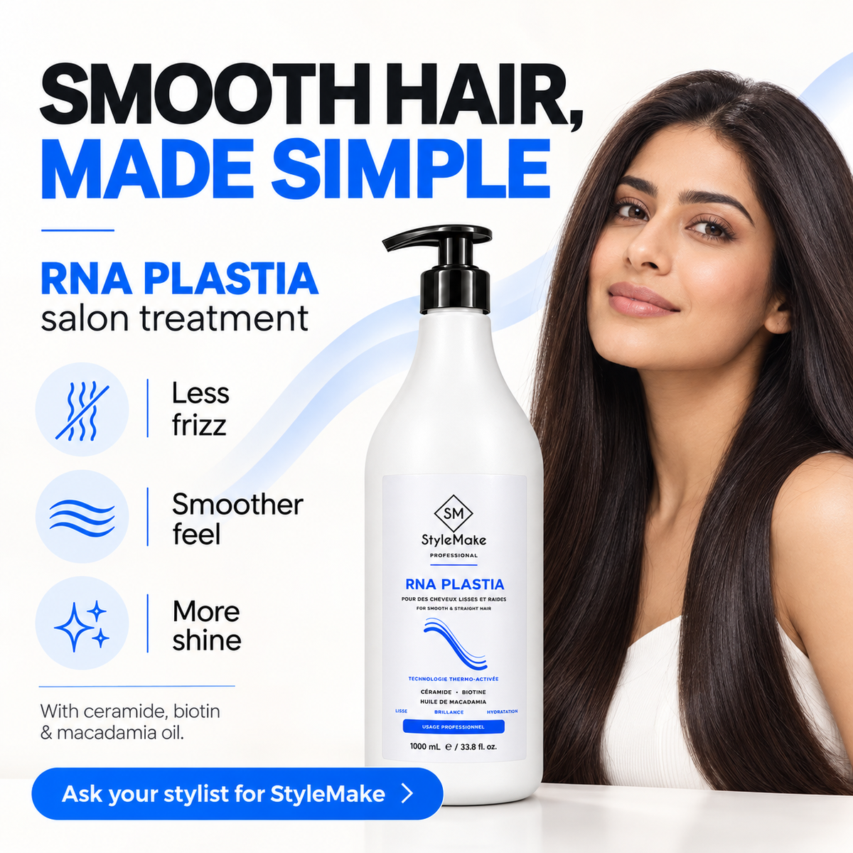 StyleMake RNA PLASTIA salon treatment beside a real long dark hair result, with frizz and shine benefit callouts