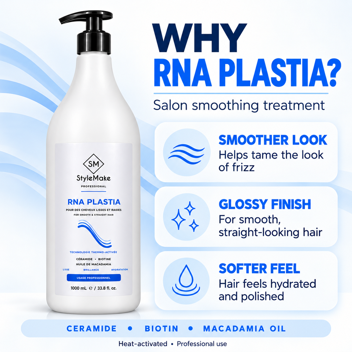 Long smooth dark hair on a clean blue background beside the StyleMake RNA PLASTIA bottle and salon treatment benefits