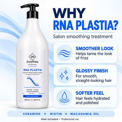 Long smooth dark hair on a clean blue background beside the StyleMake RNA PLASTIA bottle and salon treatment benefits