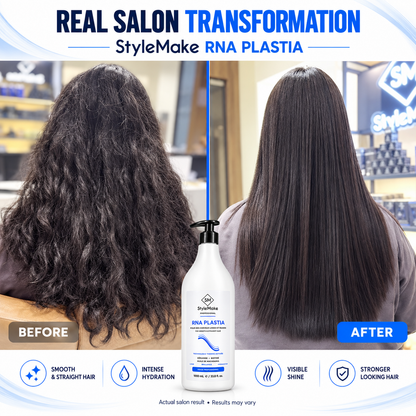 Real salon hair views showing textured dark hair beside a smooth, straight StyleMake RNA PLASTIA treatment result