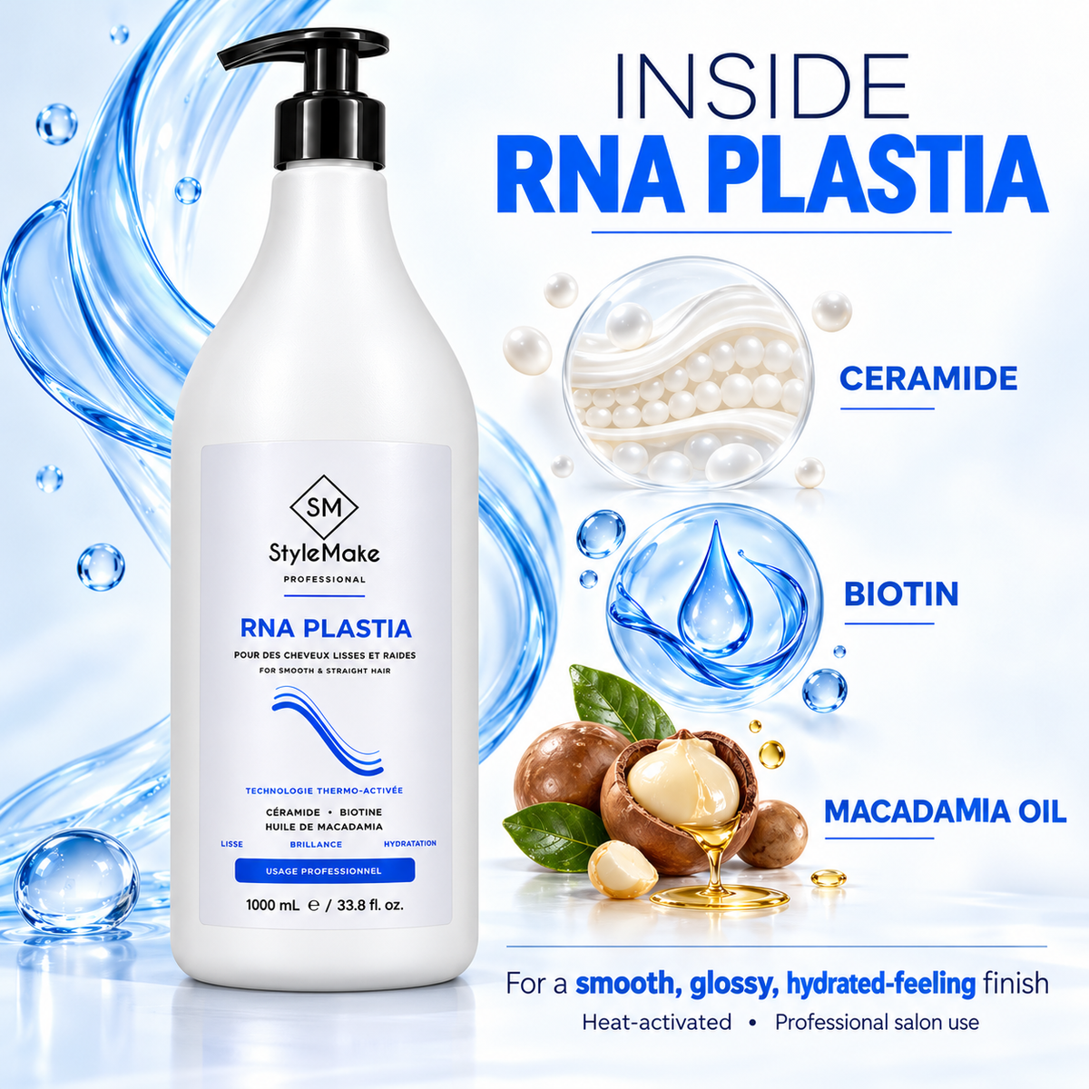 StyleMake RNA PLASTIA 1 L bottle with ceramide, biotin and macadamia oil visuals for salon hair smoothing