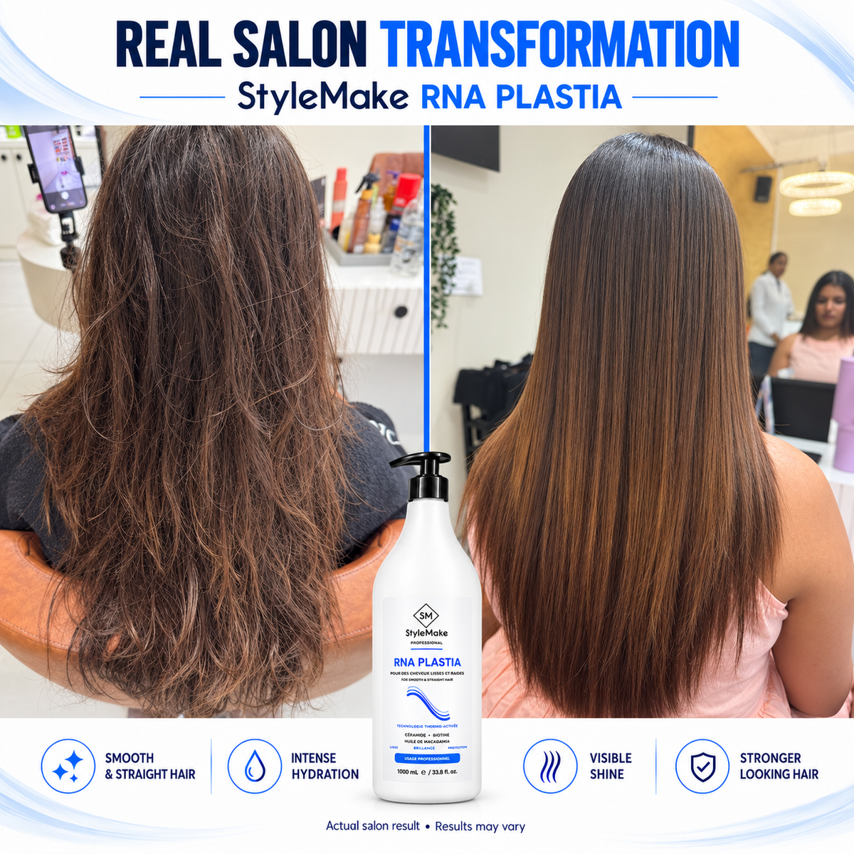 StyleMake RNA PLASTIA salon treatment showing wavy brown hair beside a long, smooth and straight result