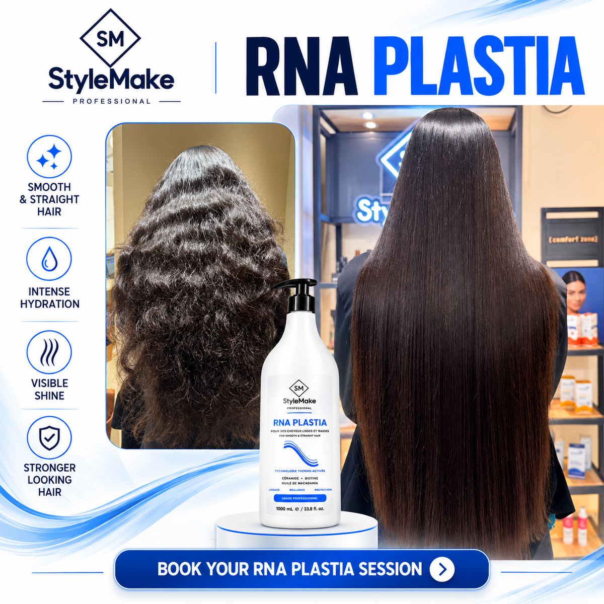 RNA PLASTIA salon transformation showing textured black hair beside a long sleek result and StyleMake bottle