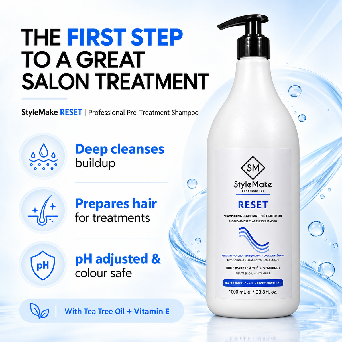 A 1000 ml bottle of StyleMake RESET Professional Pre-Treatment Shampoo on a light blue and white background with promotional text and icons. StyleMake RESET salon shampoo with glossy black hair and blue highlights; deep cleansing, pH adjusted, colour safe.