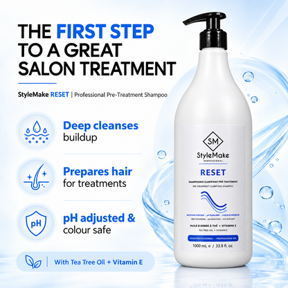 A 1000 ml bottle of StyleMake RESET Professional Pre-Treatment Shampoo on a light blue and white background with promotional text and icons. StyleMake RESET salon shampoo with glossy black hair and blue highlights; deep cleansing, pH adjusted, colour safe.