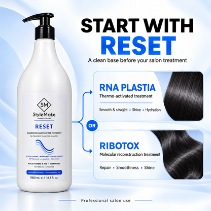 SM StyleMake Reset shampoo bottle on a light blue graphic background with promotional text and treatment callouts for RNA PLASTIA and RIBOTOX. StyleMake RESET clarifying shampoo before RNA PLASTIA smoothing or RIBOTOX molecular reconstruction salon treatments.