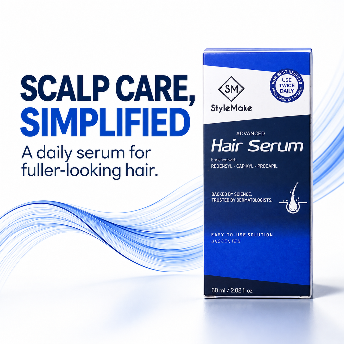 A box of StyleMake Advanced Hair Serum shown on a clean white background with blue graphic wave accents and marketing text reading 'SCALP CARE, SIMPLIFIED.'. Scalp care: StyleMake Advanced Hair Serum 60 ml carton with blue hair strands and a message about daily scalp care for fuller-looking hair.
