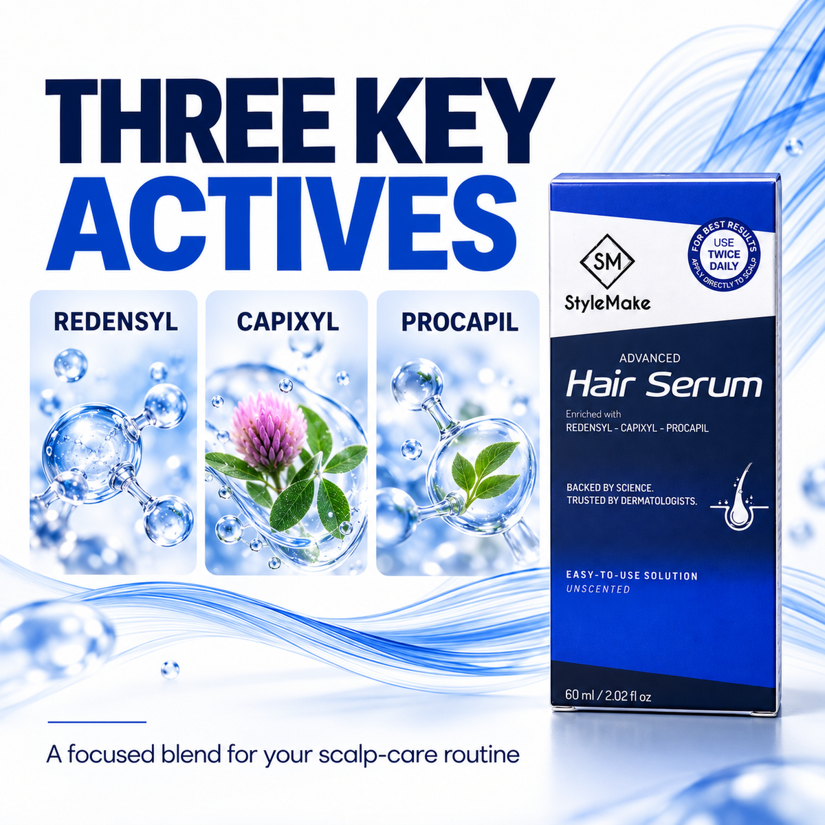 StyleMake Advanced Hair Serum box shown on a blue-and-white promotional graphic with large text reading 'THREE KEY ACTIVES' and ingredient panels for redensyl, capixyl, and procapil. Scalp care: StyleMake Advanced Hair Serum 60 ml carton with blue hair strands and a message about daily scalp care for fuller-looking hair.