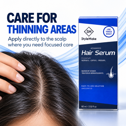 StyleMake Advanced Hair Serum box shown beside a close-up of a person's scalp with dark hair and a hand touching the hair, with marketing text reading 'Care for Thinning Areas' and 'Apply directly to the scalp where you need focused care.'. Thinning areas: StyleMake Advanced Hair Serum beside parted dark hair, showing where to apply the serum directly to the scalp.