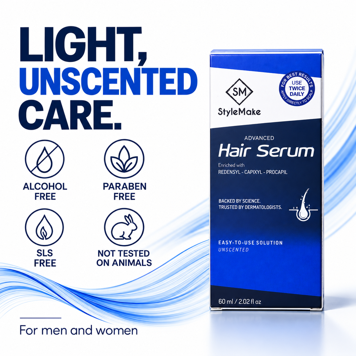 StyleMake Advanced Hair Serum box in blue and white packaging, shown on a clean white background with marketing text reading 'LIGHT, UNSCENTED CARE.' and feature icons for alcohol-free, paraben-free, SLS-free, and not tested on animals. Formula features: StyleMake Advanced Hair Serum for men and women, highlighting its unscented, alcohol-free, paraben-free and SLS-free formula.