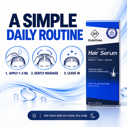 StyleMake Advanced Hair Serum packaging box shown on a clean white-to-blue promotional background with large text reading 'A SIMPLE DAILY ROUTINE' and three illustrated application steps.