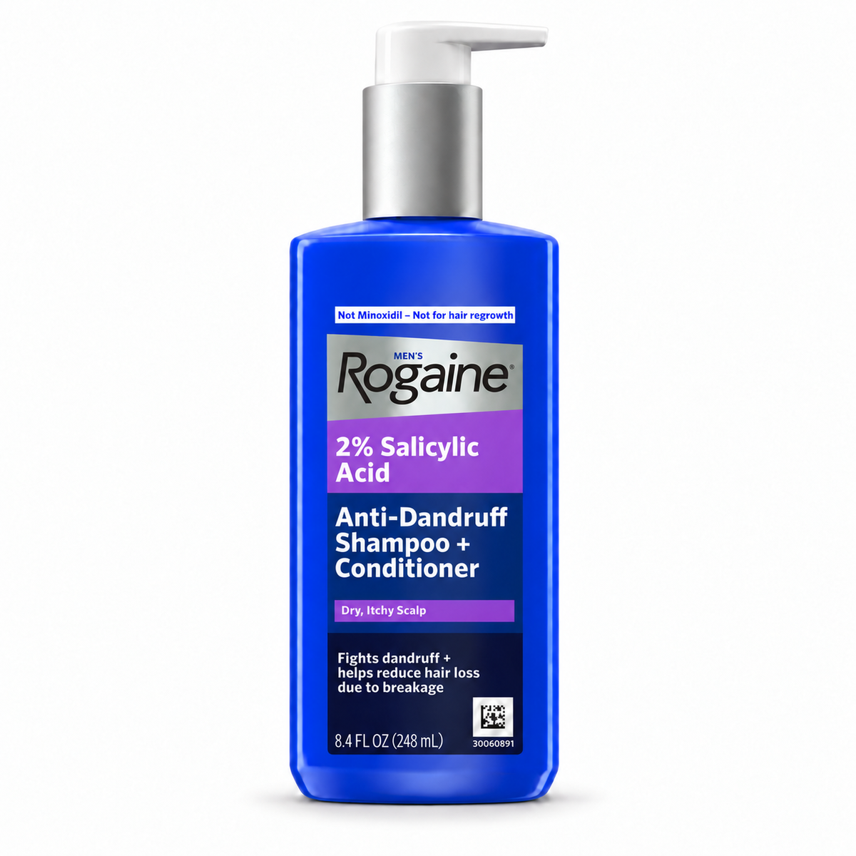 A bottle of Rogaine Men 2% Salicylic Acid Anti-Dandruff Shampoo + Conditioner in a blue squeeze bottle with a white pump and silver cap, on a white background.