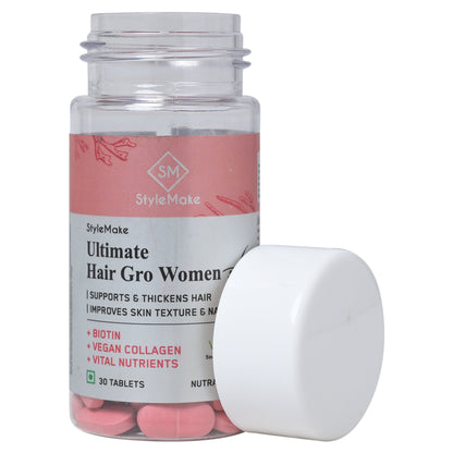 StyleMake Ultimate Hair Gro Vitamin for Women | Premium Formula with Biotin + Vegan Collagen from the UK | Reduces Hair Loss, Promotes Regrowth, Enhances Skin & Nail Health | 30 Tablets