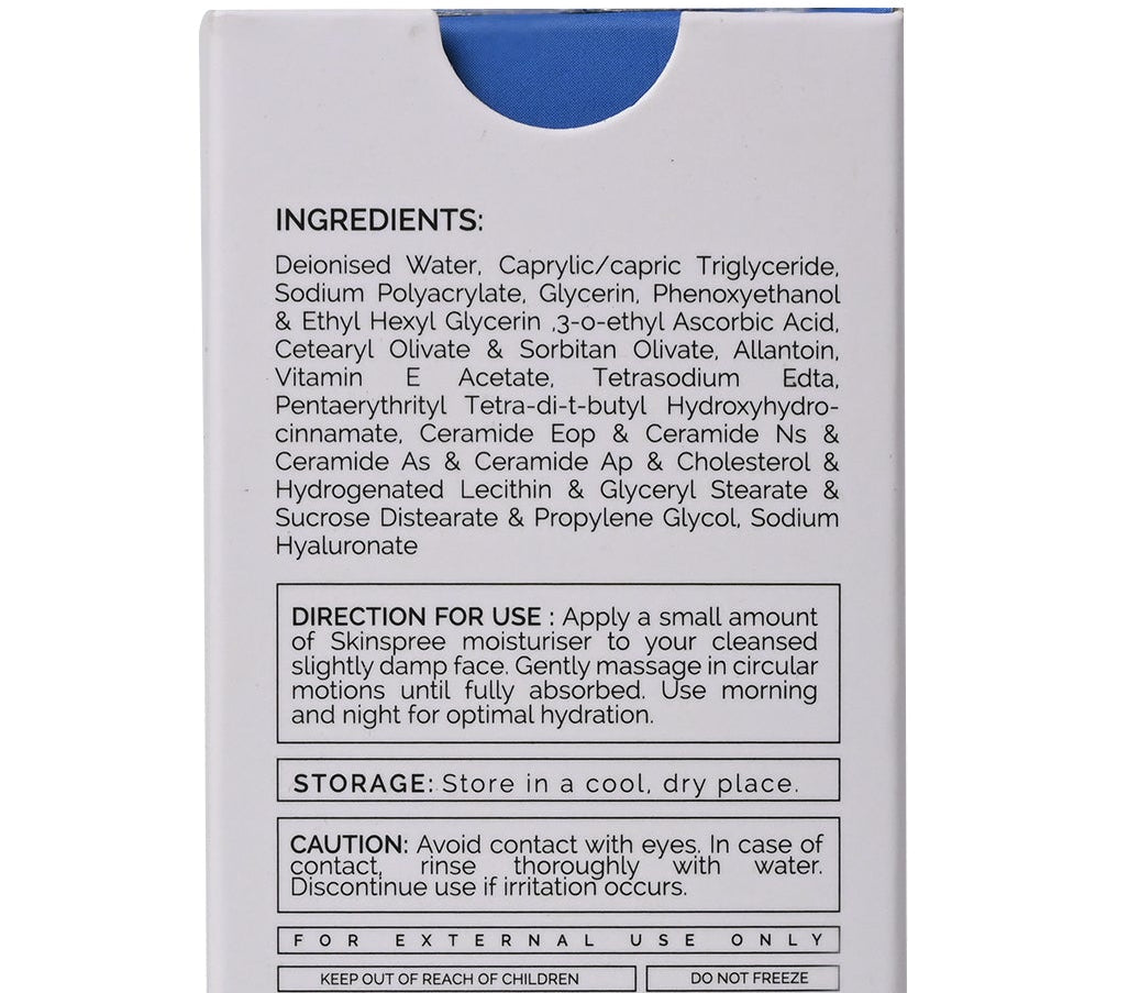 SkinSpree Moisturiser 50g with ceramide complex and hyaluronic acid for all skin types