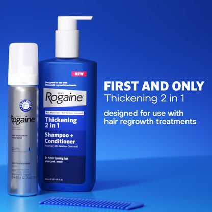 Looking for a shampoo to complement your Rogaine or Minoxidil routine? Men’s ROGAINE® Thickening 2-in-1 Shampoo + Conditioner combines rosemary oil, hydrolyzed keratin and citric acid to cleanse, condition and provide fuller-looking hair in one step. The 250 ml formula is suitable for thinning and breakage-prone hair and is available to buy online in India from StyleMake.