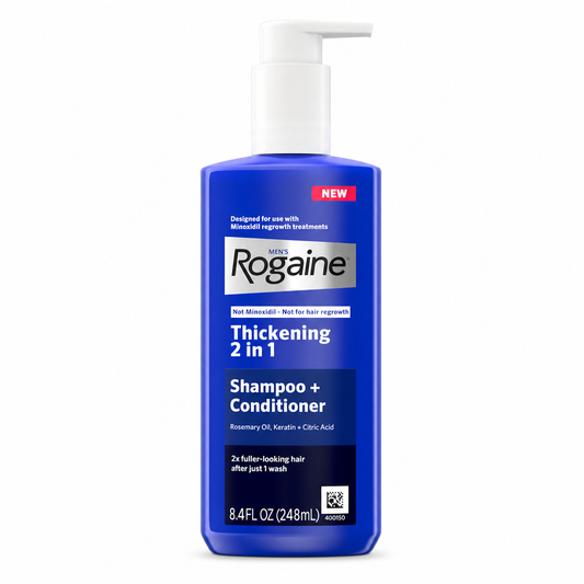 Looking for a shampoo to complement your Rogaine or Minoxidil routine? Men’s ROGAINE® Thickening 2-in-1 Shampoo + Conditioner combines rosemary oil, hydrolyzed keratin and citric acid to cleanse, condition and provide fuller-looking hair in one step. The 250 ml formula is suitable for thinning and breakage-prone hair and is available to buy online in India from StyleMake.