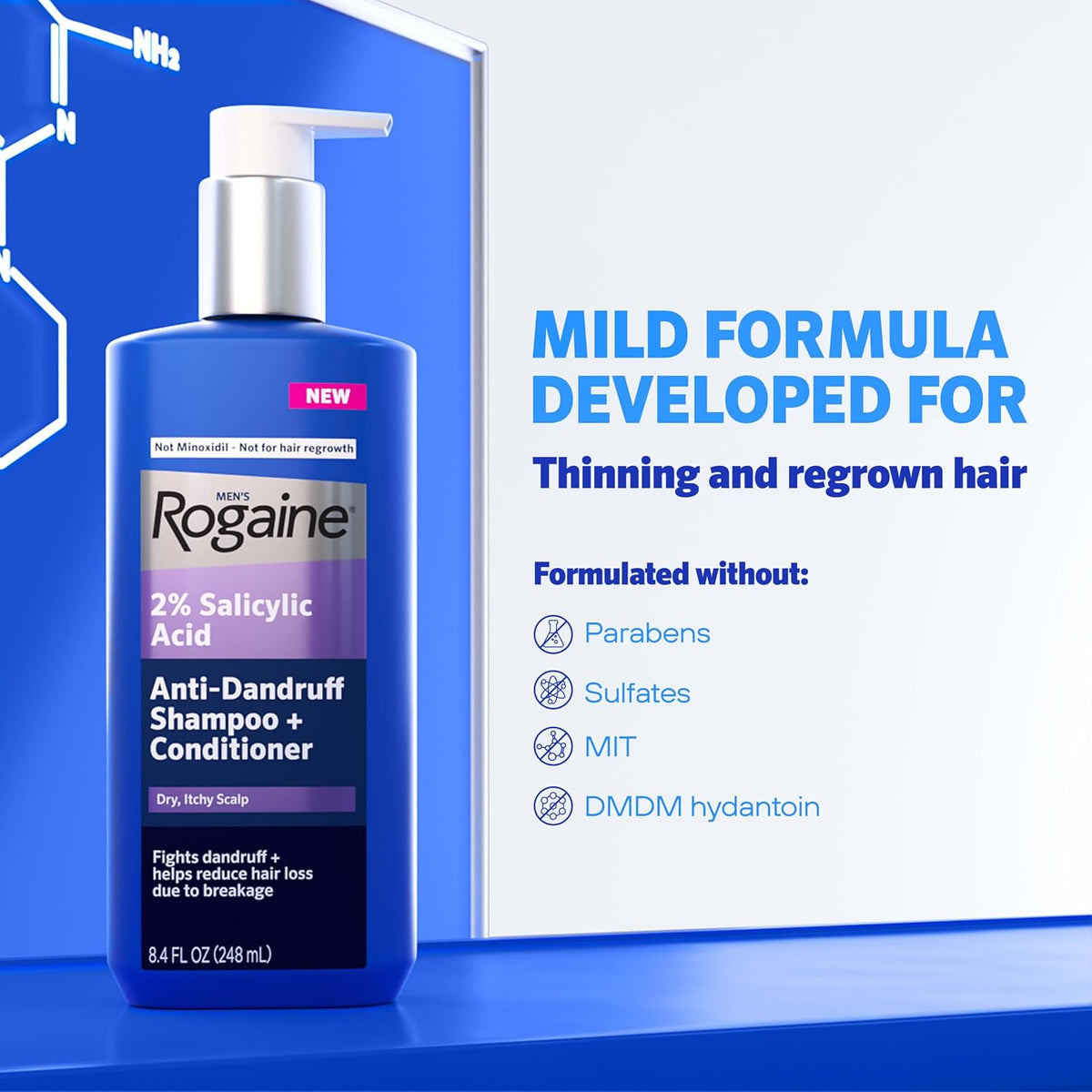 Mild formula developed for thinning and regrown hair, featuring a bottle of Rogaine shampoo and conditioner on a blue background.