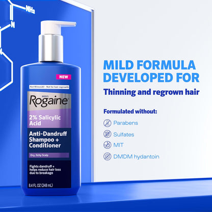 Mild formula developed for thinning and regrown hair, featuring a bottle of Rogaine shampoo and conditioner on a blue background.