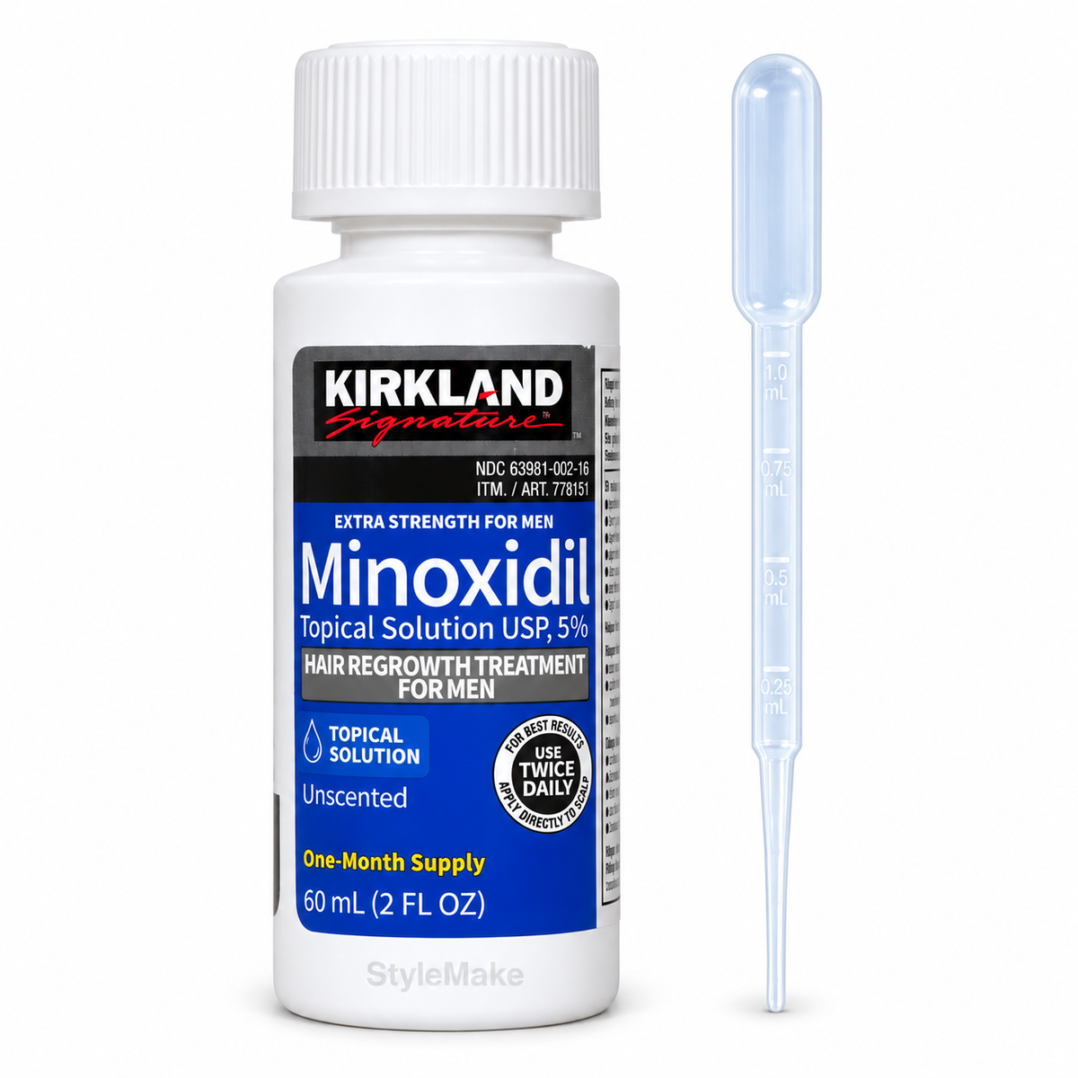 Kirkland 1 Month Supply Minoxidil 5% Extra Strength Hair Regrowth For Men Topical Solution