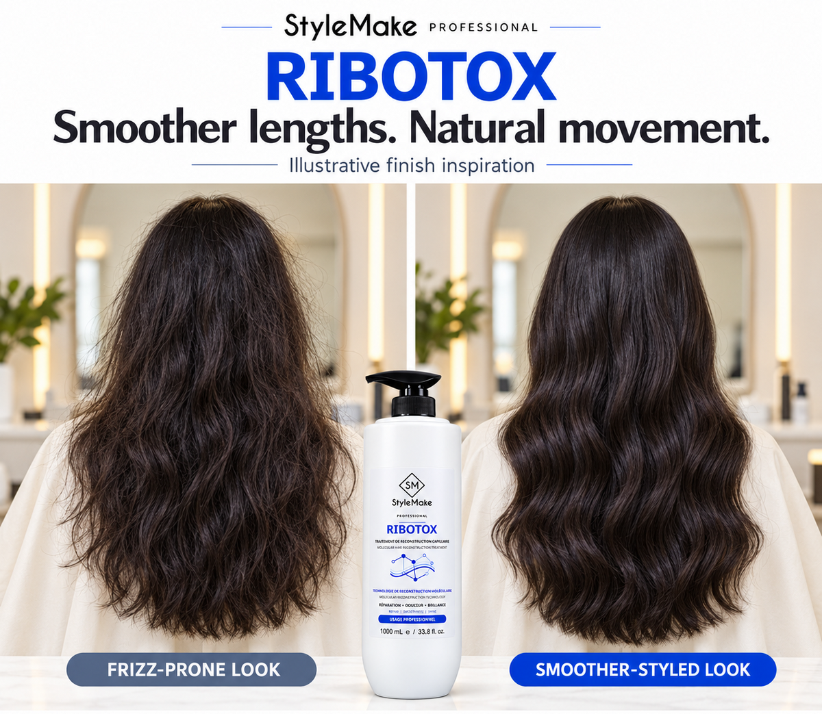A promotional comparison image for StyleMake Professional Ribotox hair smoothing treatment. The top text reads 'StyleMake PROFESSIONAL RIBOTOX Smoother lengths. Comparing rough and polished shoulder-length brown hair with a RIBOTOX bottle; not an actual treatment result.