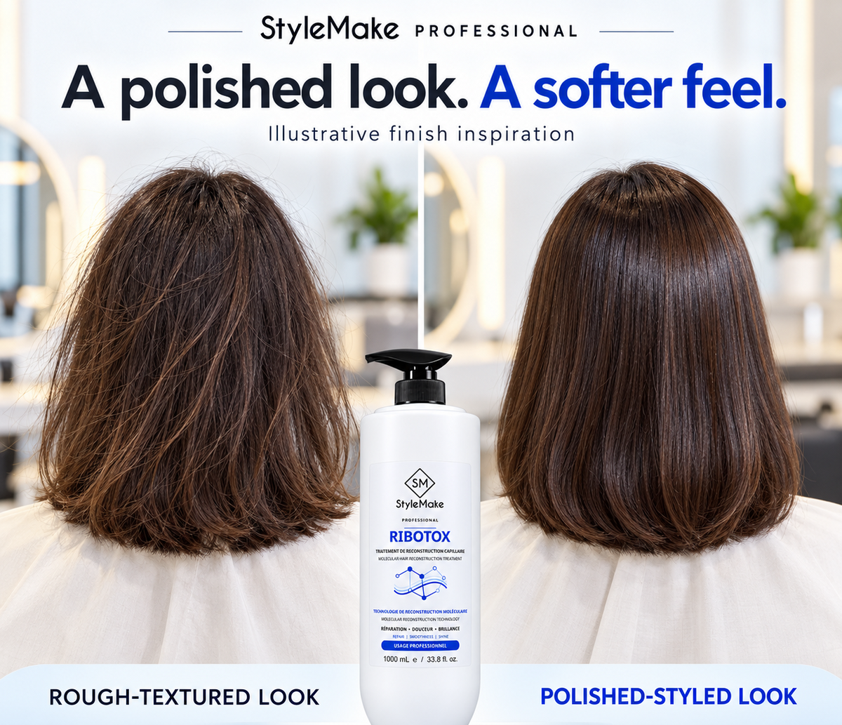 StyleMake Ribotox hair conditioner bottle centered between two back views of brown textured hair, with text reading 'A polished look. A softer feel. Woman with long, dark wavy hair beside StyleMake RIBOTOX, highlighting frizz control and easier hair management.