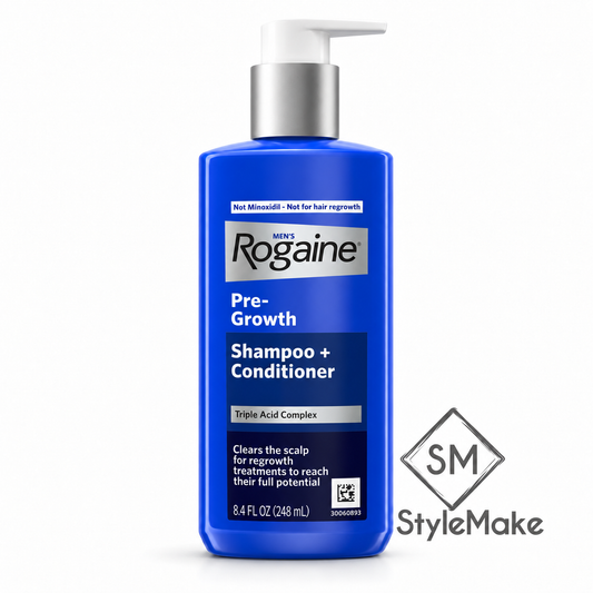 A blue bottle of Mrs. Rogaine Pre-Growth Shampoo + Conditioner with a silver pump, shown on a white background with a StyleMake watermark.