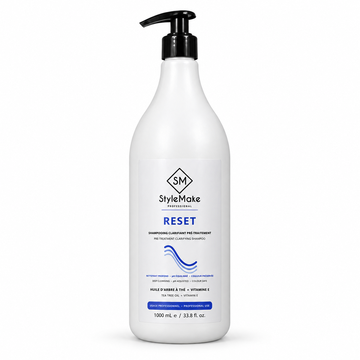 StyleMake Professional RESET 1000 mL pre-treatment clarifying shampoo in a white pump bottle, front view on white.