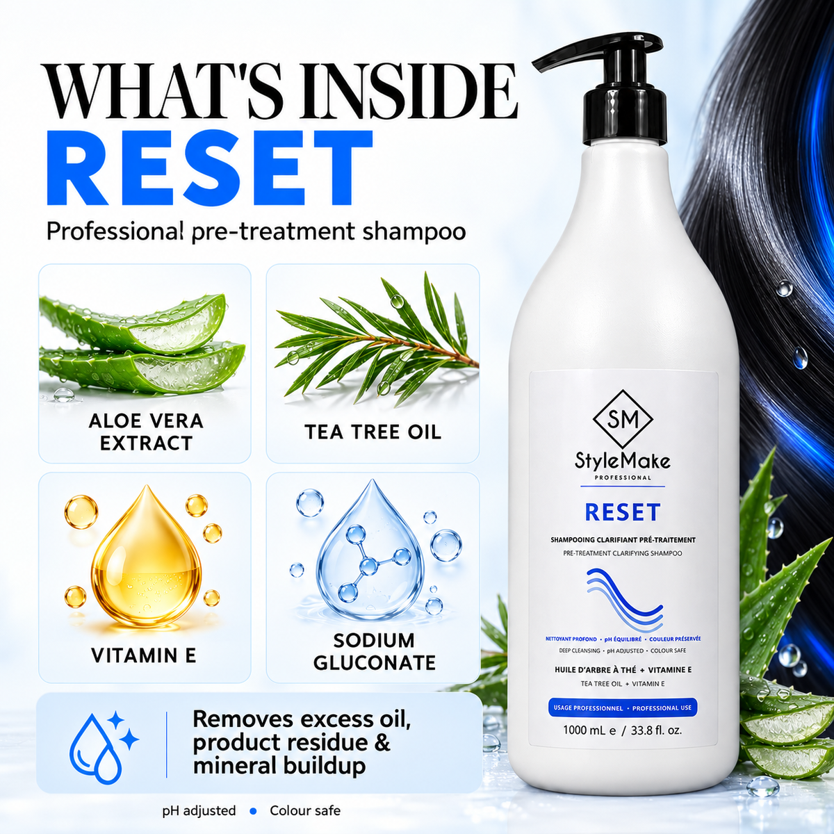 StyleMake RESET clarifying shampoo benefits: deep cleansing, salon treatment prep, pH adjusted and colour safe.