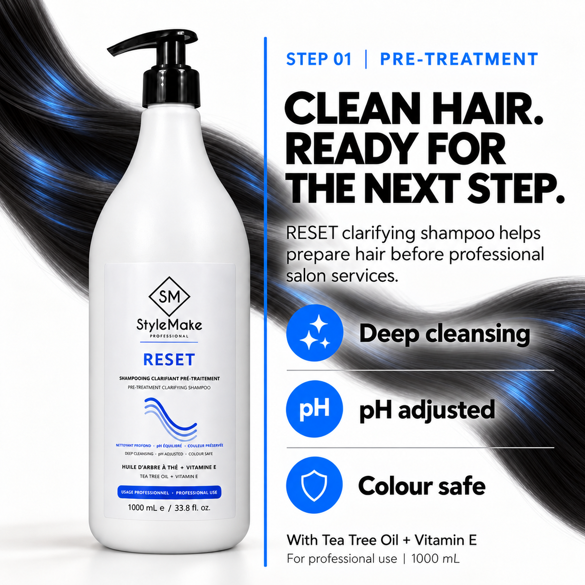 A bottle of StyleMake Reset shampoo on a white background with blue graphic hair strands and promotional text about pre-treatment cleansing. StyleMake RESET salon shampoo with glossy black hair and blue highlights; deep cleansing, pH adjusted, colour safe.
