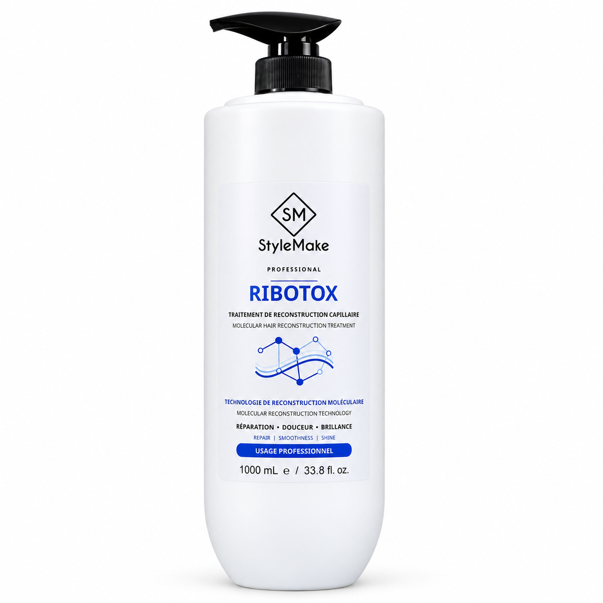 A 1000 mL white bottle of StyleMake Professional Ribotox hair reconstruction treatment with a black pump dispenser, shown on a clean white background. StyleMake RIBOTOX Botox Hair Treatment