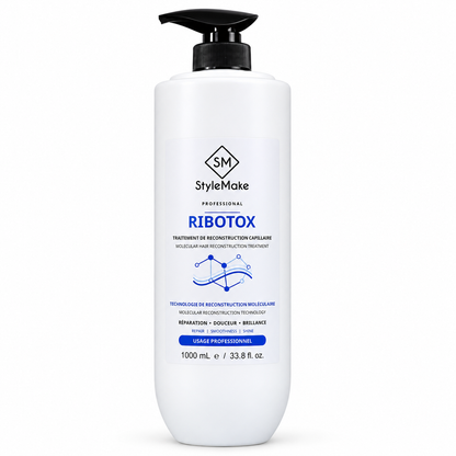 A 1000 mL white bottle of StyleMake Professional Ribotox hair reconstruction treatment with a black pump dispenser, shown on a clean white background. StyleMake RIBOTOX Botox Hair Treatment
