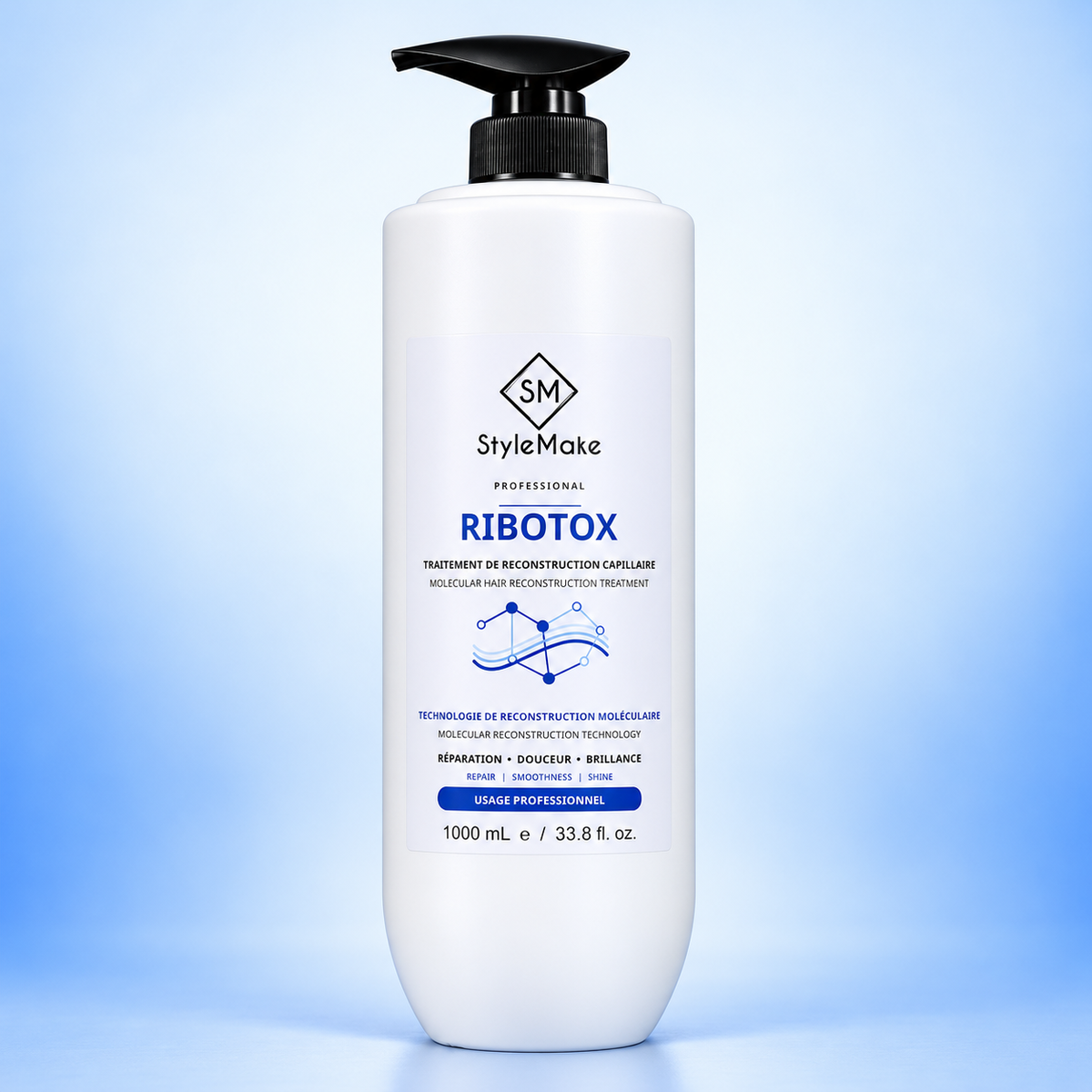 A 1000 mL white bottle of StyleMake Professional Ribotox hair reconstruction treatment with a black pump dispenser, set against a light blue gradient background. StyleMake RIBOTOX 1 litre professional hair treatment bottle on a soft blue studio background.