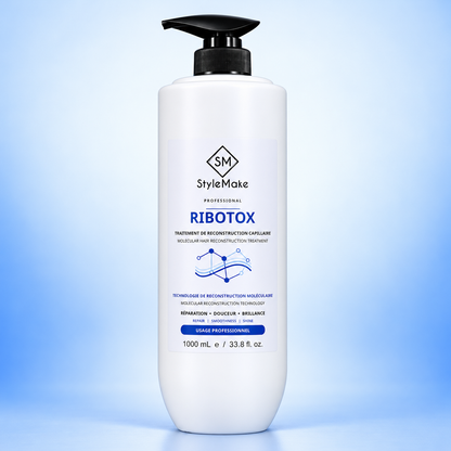 A 1000 mL white bottle of StyleMake Professional Ribotox hair reconstruction treatment with a black pump dispenser, set against a light blue gradient background. StyleMake RIBOTOX 1 litre professional hair treatment bottle on a soft blue studio background.