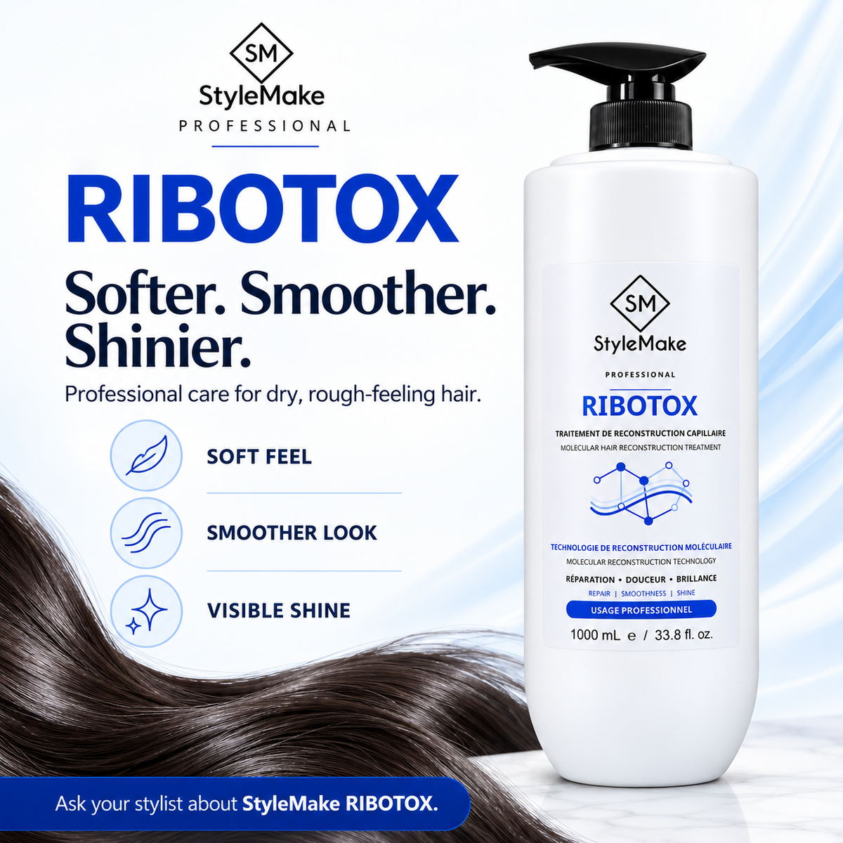 StyleMake Professional Ribotox hair reconstruction treatment bottle on a white background with blue text and hair imagery. StyleMake RIBOTOX hair treatment bottle with graphics highlighting softer feel, smoother-looking hair and shine.