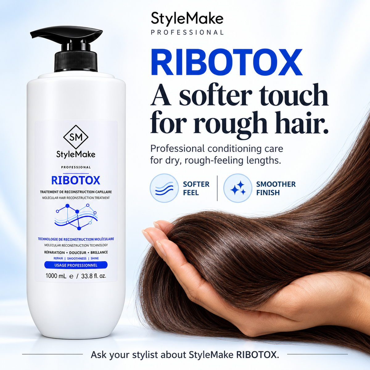 A bottle of StyleMake Professional Ribotox hair repair treatment stands next to a hand holding a strand of long, smooth brown hair against a light blue background with product text. 	StyleMake RIBOTOX bottle beside brown hair resting in a hand, highlighting softer-feeling lengths and a smoother finish.