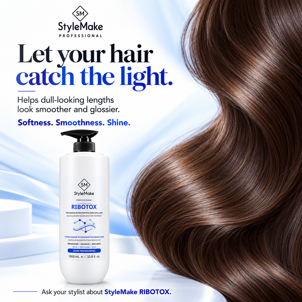 StyleMake Professional Ribotox hair smoothing bottle shown next to a large, glossy, wavy section of brown hair on a light blue background with promotional text. 	StyleMake RIBOTOX treatment bottle beside flowing, glossy brown hair, highlighting smoothness, softness and shine.