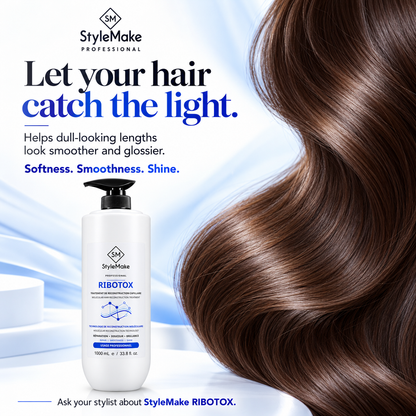 StyleMake Professional Ribotox hair smoothing bottle shown next to a large, glossy, wavy section of brown hair on a light blue background with promotional text. 	StyleMake RIBOTOX treatment bottle beside flowing, glossy brown hair, highlighting smoothness, softness and shine.