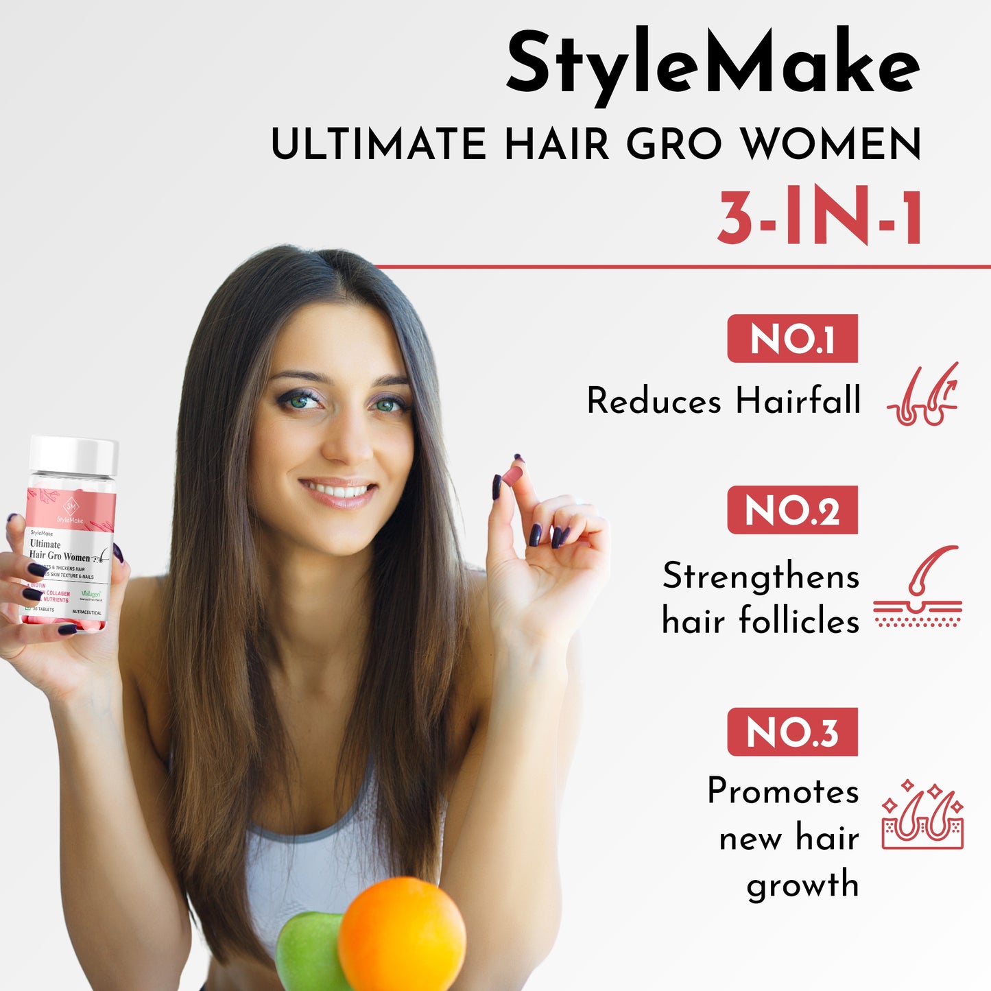 StyleMake Ultimate Hair Gro Women supplement facts with biotin iron zinc selenium and vegan collagen