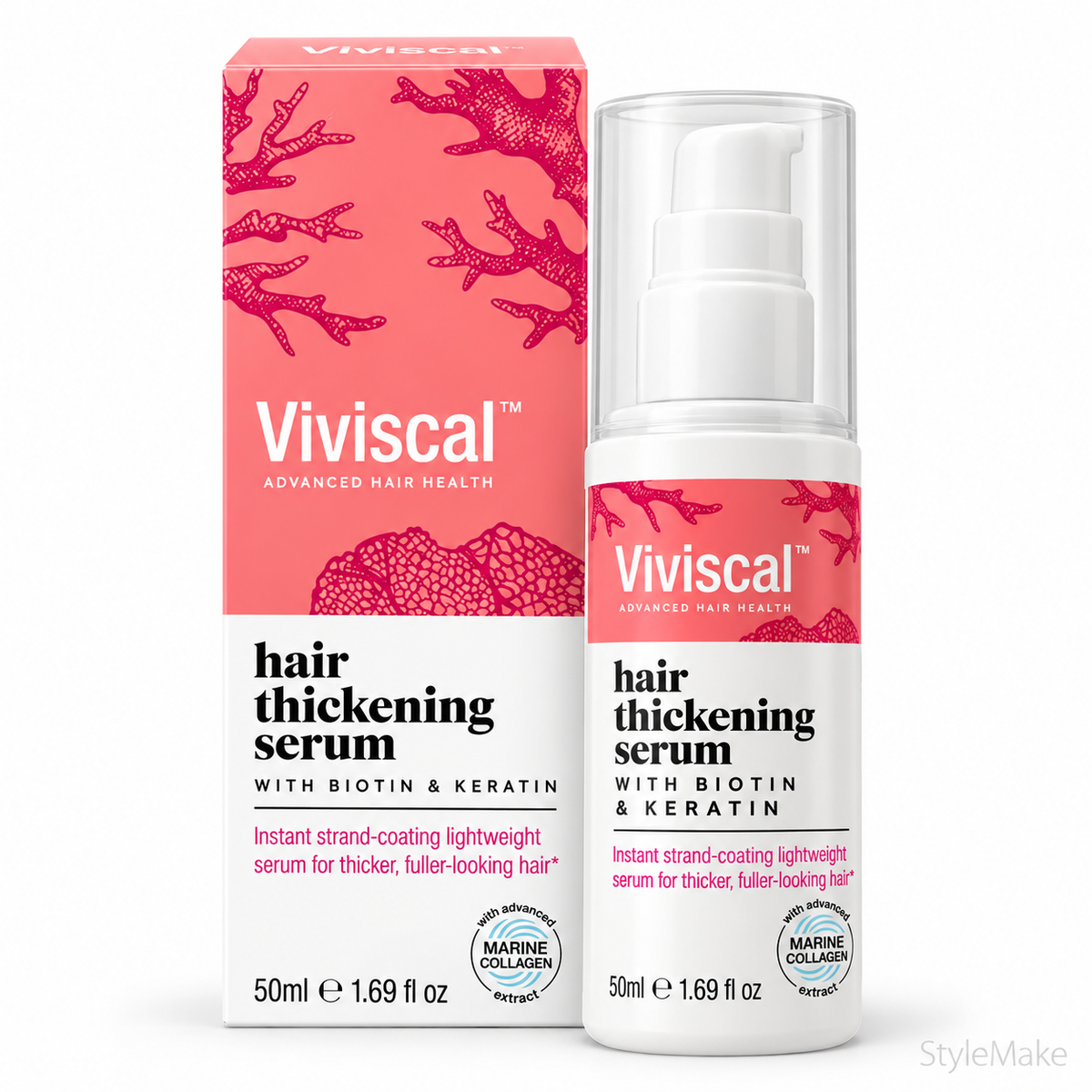 Viviscal Hair Thickening Serum 50ml bottle with its retail box packaging, featuring a coral pink and white design with marine coral illustrations. Viviscal in India, Viviscal India, Buy Viviscal with cash on delivery, original and genuine Viviscal.