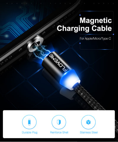 Magnetic iPhone Cable For Lightning iPhone Charging Nylon Braided LED Magnet Charger Cable USB-C
